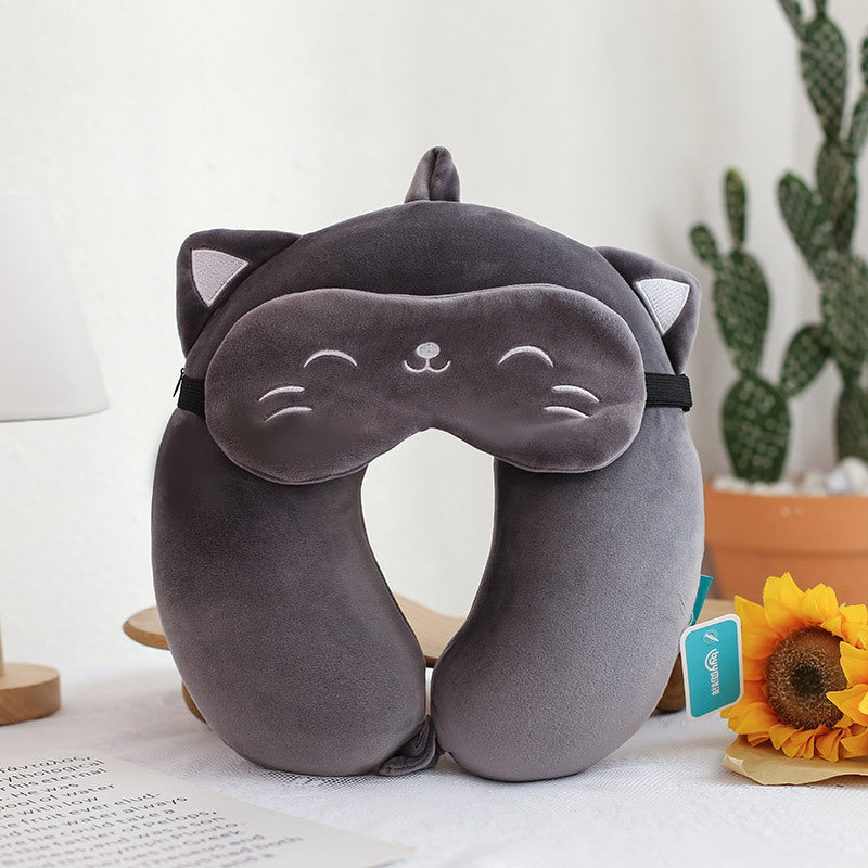 Oreiller de Voyage Cervical en Mousse Mémoire - Forme Ergonomique U avec Masque Œil Animaux