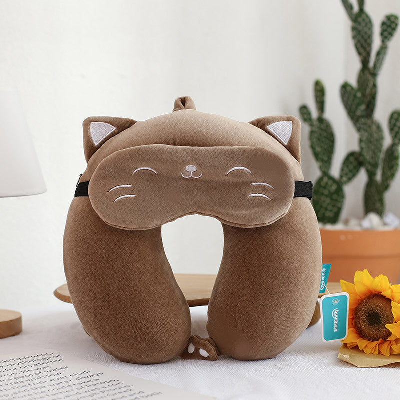 Oreiller de Voyage Cervical en Mousse Mémoire - Forme Ergonomique U avec Masque Œil Animaux