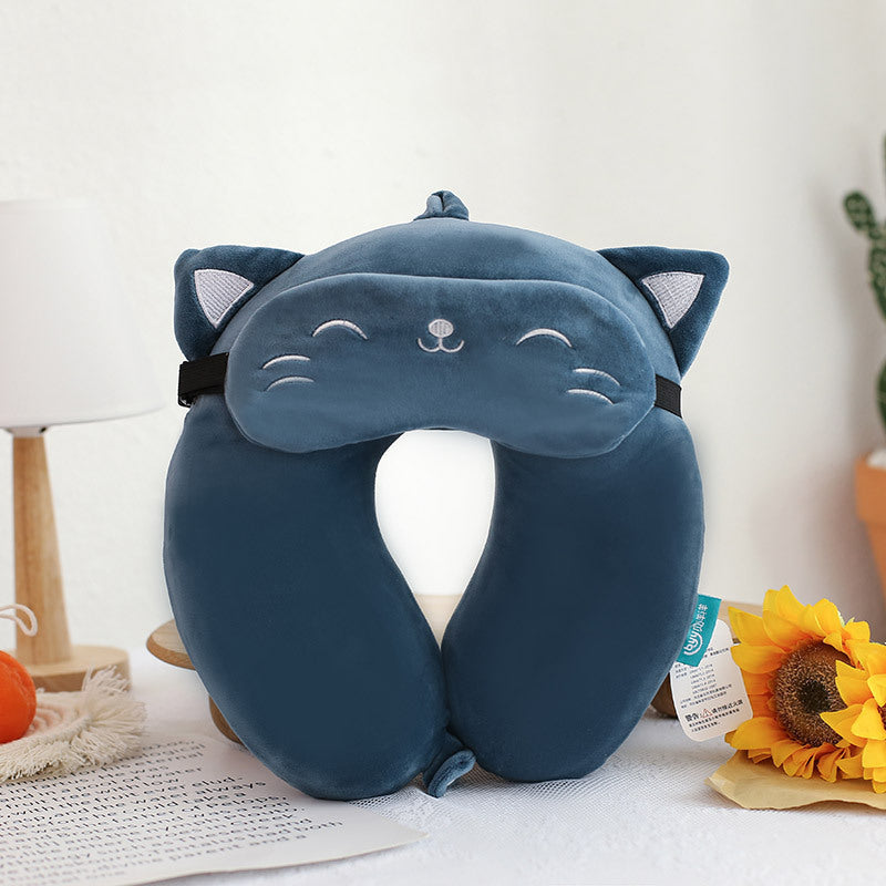 Oreiller de Voyage Cervical en Mousse Mémoire - Forme Ergonomique U avec Masque Œil Animaux