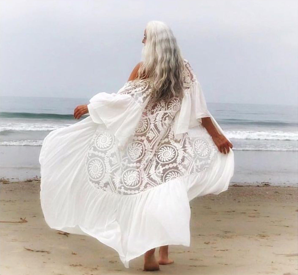 Robe de Plage Tunique Longue - Coton Blanc - Style Crochet