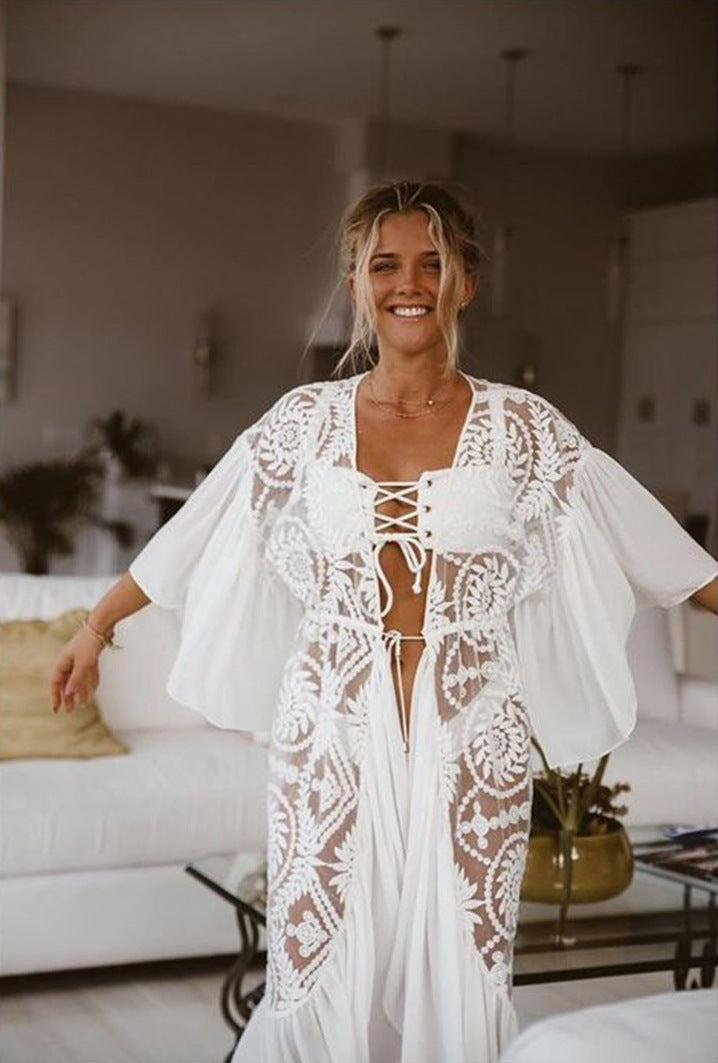Robe de Plage Tunique Longue - Coton Blanc - Style Crochet