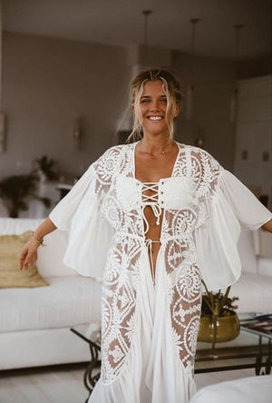 Robe de Plage Tunique Longue - Coton Blanc - Style Crochet