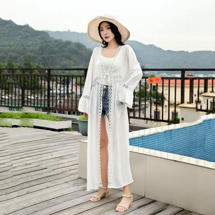 Robe de Plage Tunique Longue - Coton Blanc - Style Crochet