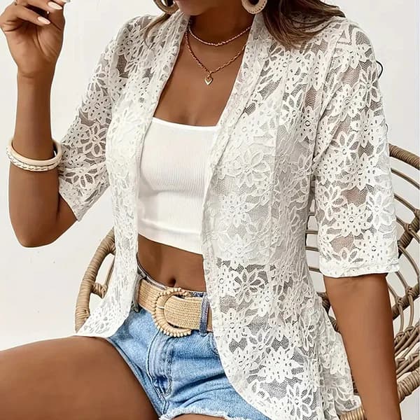 Boléro Femme en Dentelle Florale - Manches 3/4 - Cardigan Élégant Transparent - Pour Mariage, Soirée & Tenues Romantiques