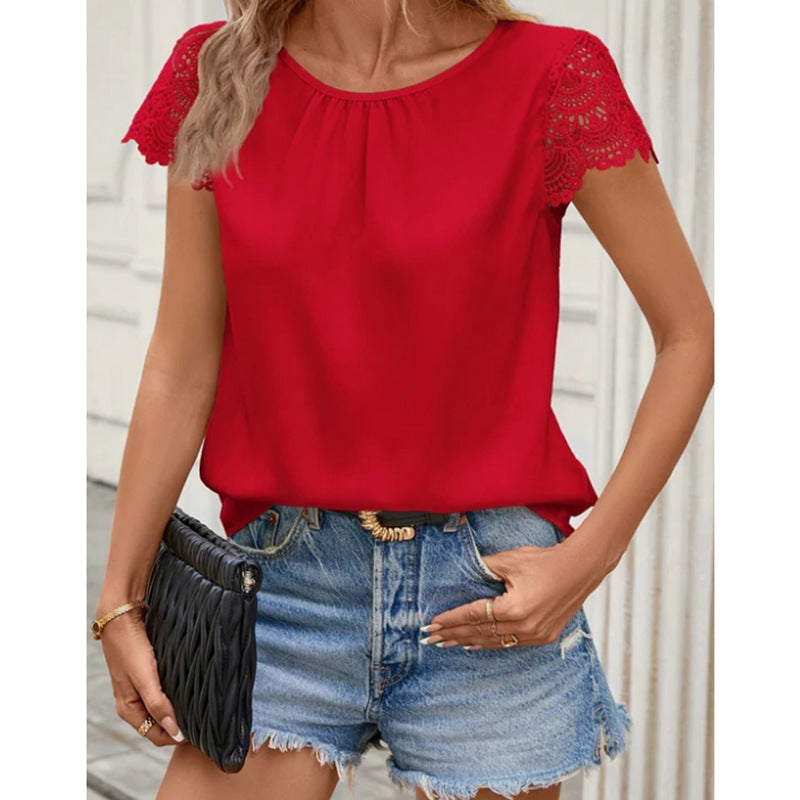 Lace Comfort And Casual Solid Color Round Neck Short Sleeves